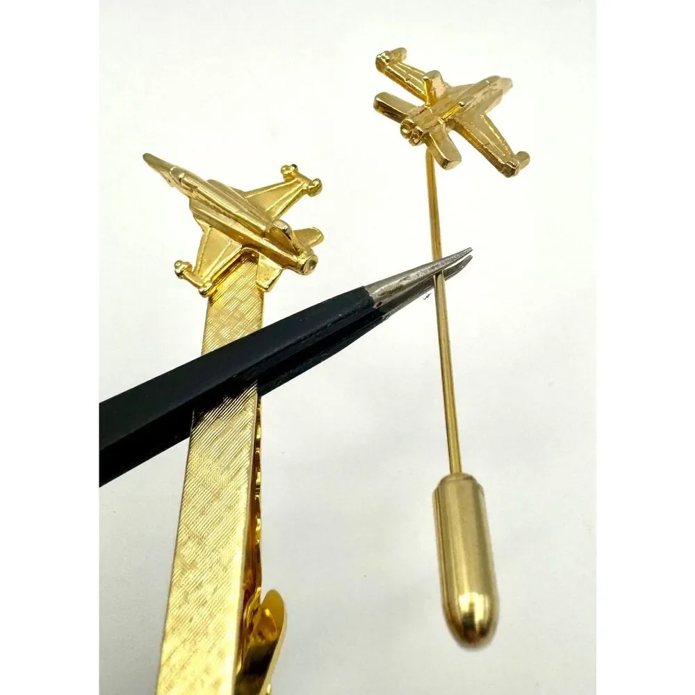 Fighter Jet Gold Plated Vintage Tie Bar Clip Lapel Pin Air Force Service Jets